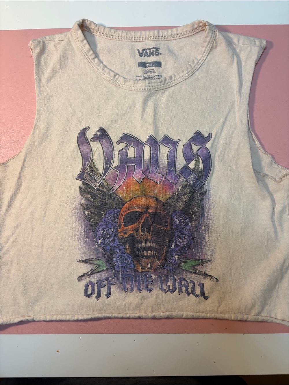 Vans Cream Crop Tank with Purple and Orange Skull Graphic